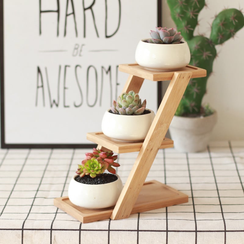 1-Set-Modern-Minimalist-Ceramic-Flowerpot-White-Succulents-Pot-3-Bonsai-Planters-with-3-Tier-Bamboo.jpg Wooden Plant Stand - Image 3