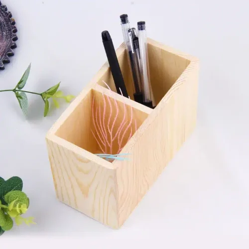 2 Grid Wooden Pen Holder Desk Organizer